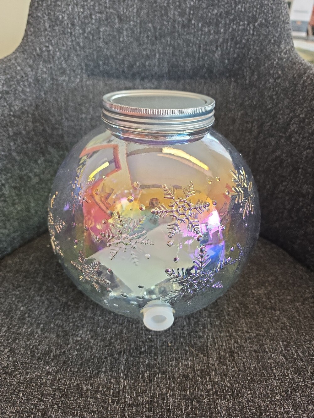 NEW Snowflake Glass Ornament Beverage Dispenser Iridescent Sleigh Bell Bistro